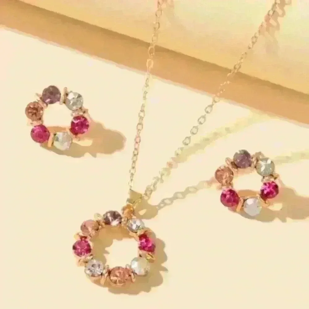 Multicolor Gemstone Circle Pendant Necklace and Earrings